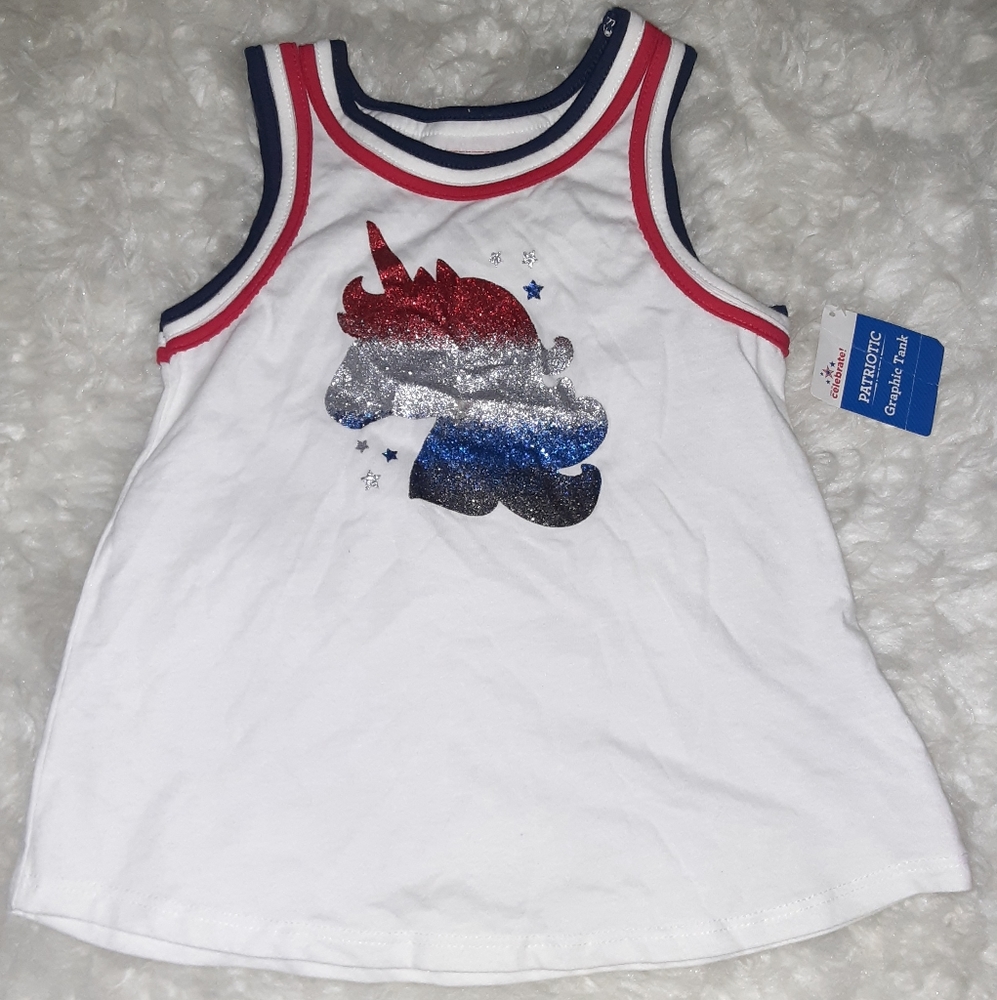 Girls White Tank Glitter Unicorn Red, Silver and Blue 5T